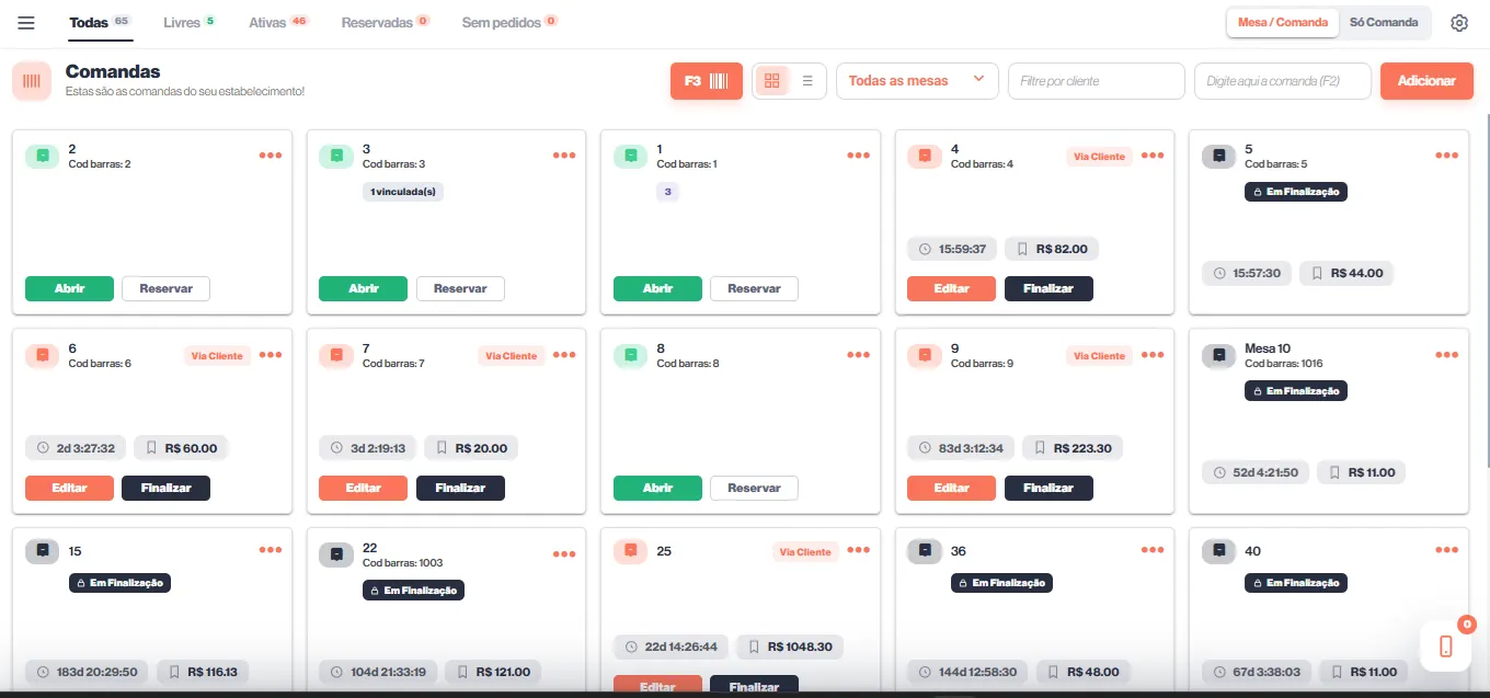Painel de comandas do FoodWeb no computador, com mesas e comandas organizadas