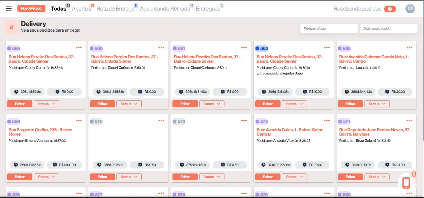 Delivery com endereço e status, sem perder pedido